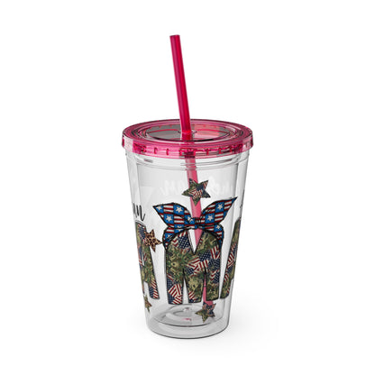 Patriotic Mama 16oz Tumbler with Straw — All American Floral Flag Design