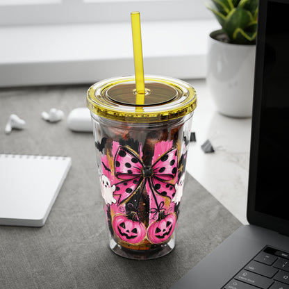Halloween Pink Ghost Tumbler with Straw — 16oz Cute Pumpkin & Bow Drink Cup