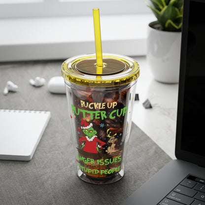 16oz Tumbler with Straw — 'Buckle Up Buttercup' Grinch Holiday Travel Cup
