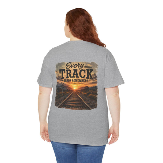 "Every Track Leads Somewhere" Sunset Railroad Graphic Tee