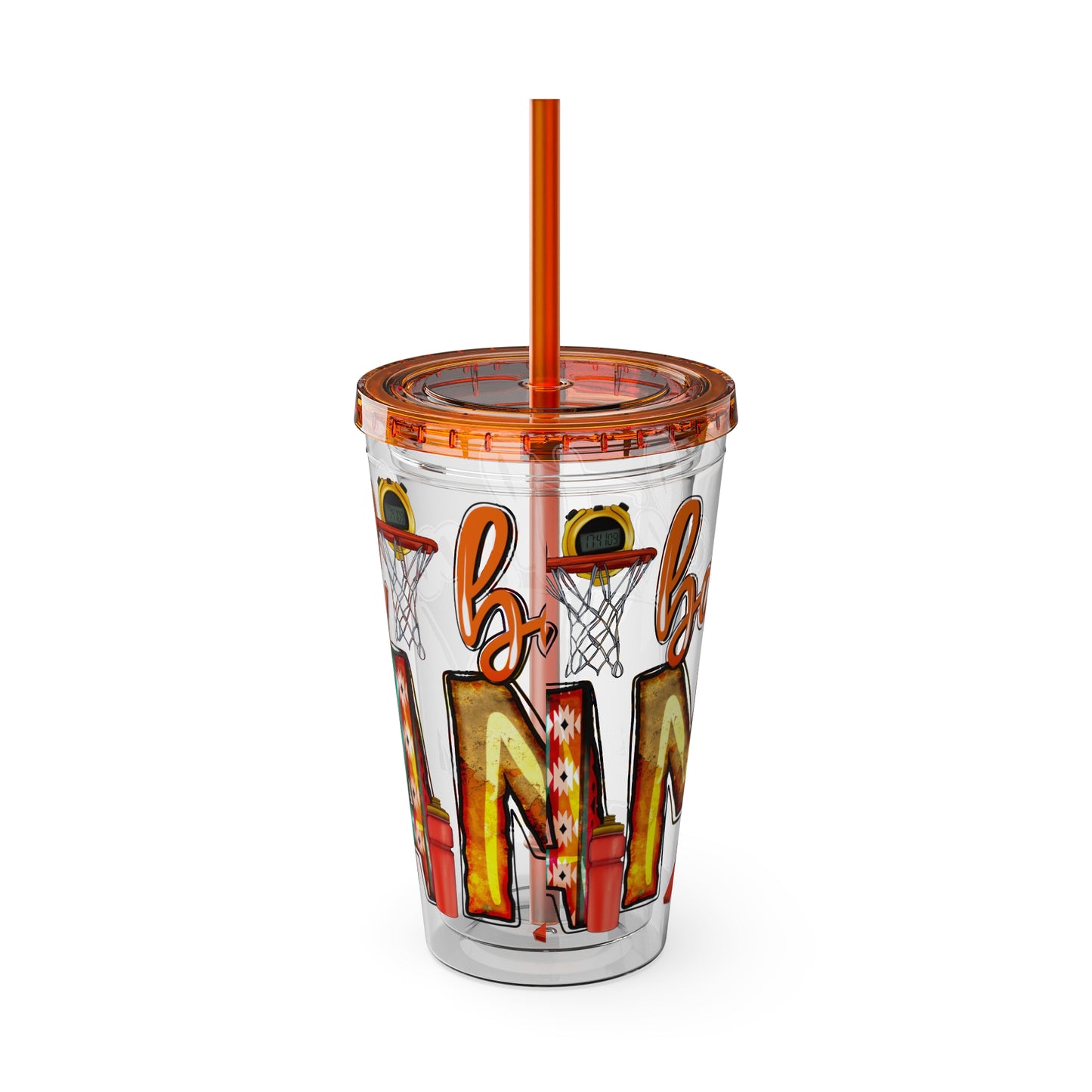 Basketball Mom 16oz Tumbler with Straw — Leopard & Plaid Sunsplash Design