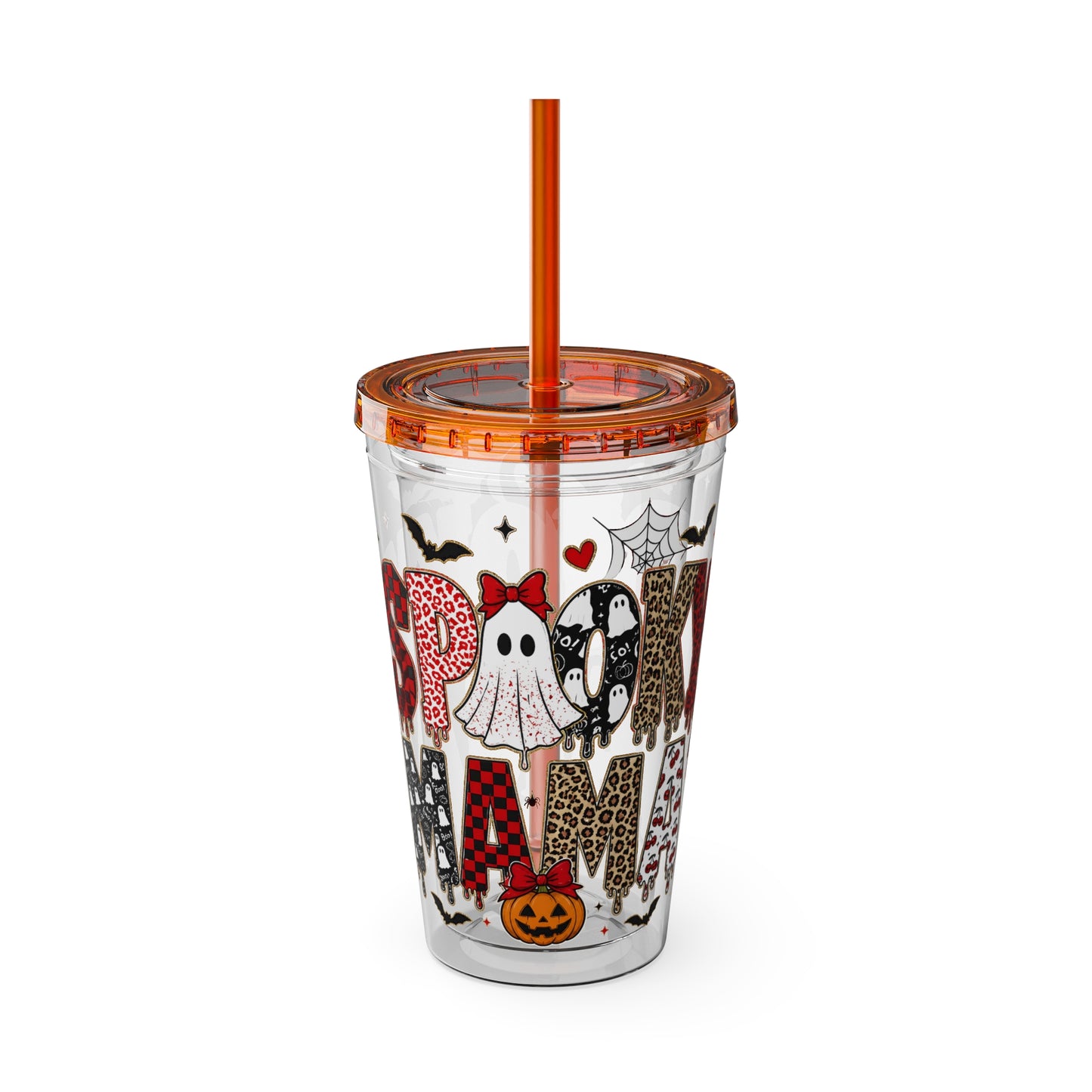 Halloween Mama 16oz Straw Tumbler – Cute Ghost & Pumpkin Party Drink Cup