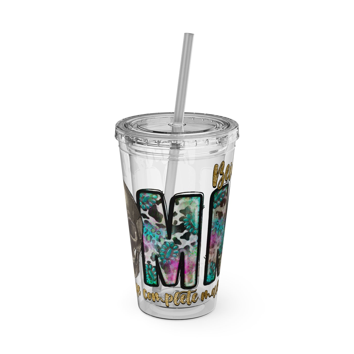 16oz Tumbler with Straw - "Being You" Floral Skull Cold Drink Cup Sunsplash Skull & Sunflower