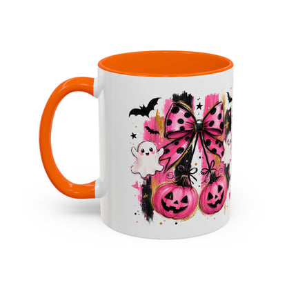 Halloween Pink Pumpkin Coffee Mug — Cute Ghosts & Bow Accent Mug (11/15oz)