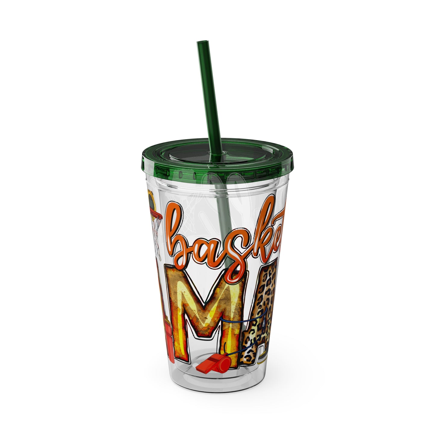Basketball Mom 16oz Tumbler with Straw — Leopard & Plaid Sunsplash Design
