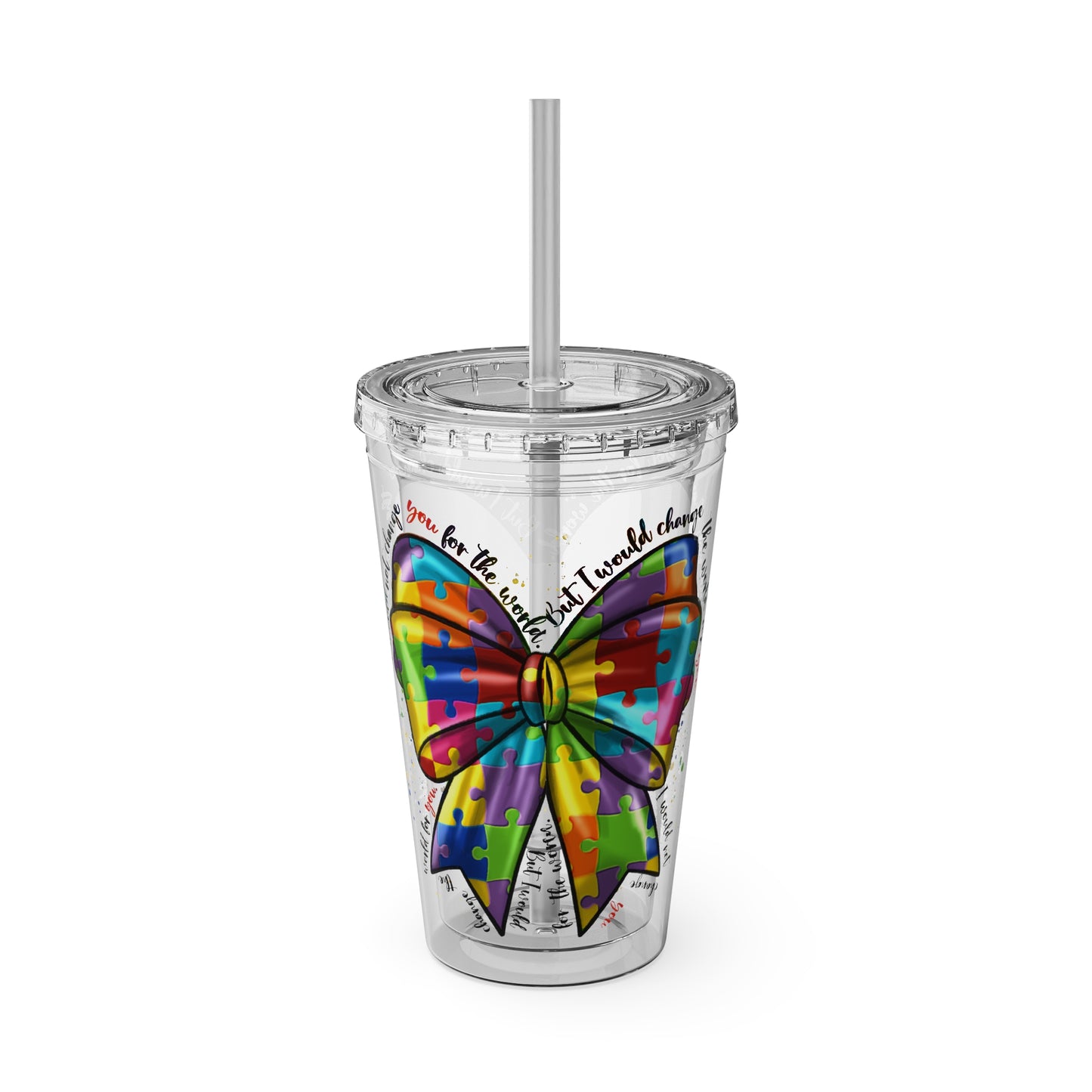 Autism Awareness Rainbow Puzzle Bow Tumbler with Straw, 16oz