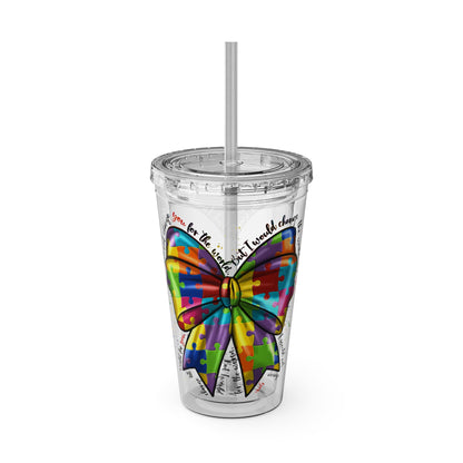 Autism Awareness Rainbow Puzzle Bow Tumbler with Straw, 16oz
