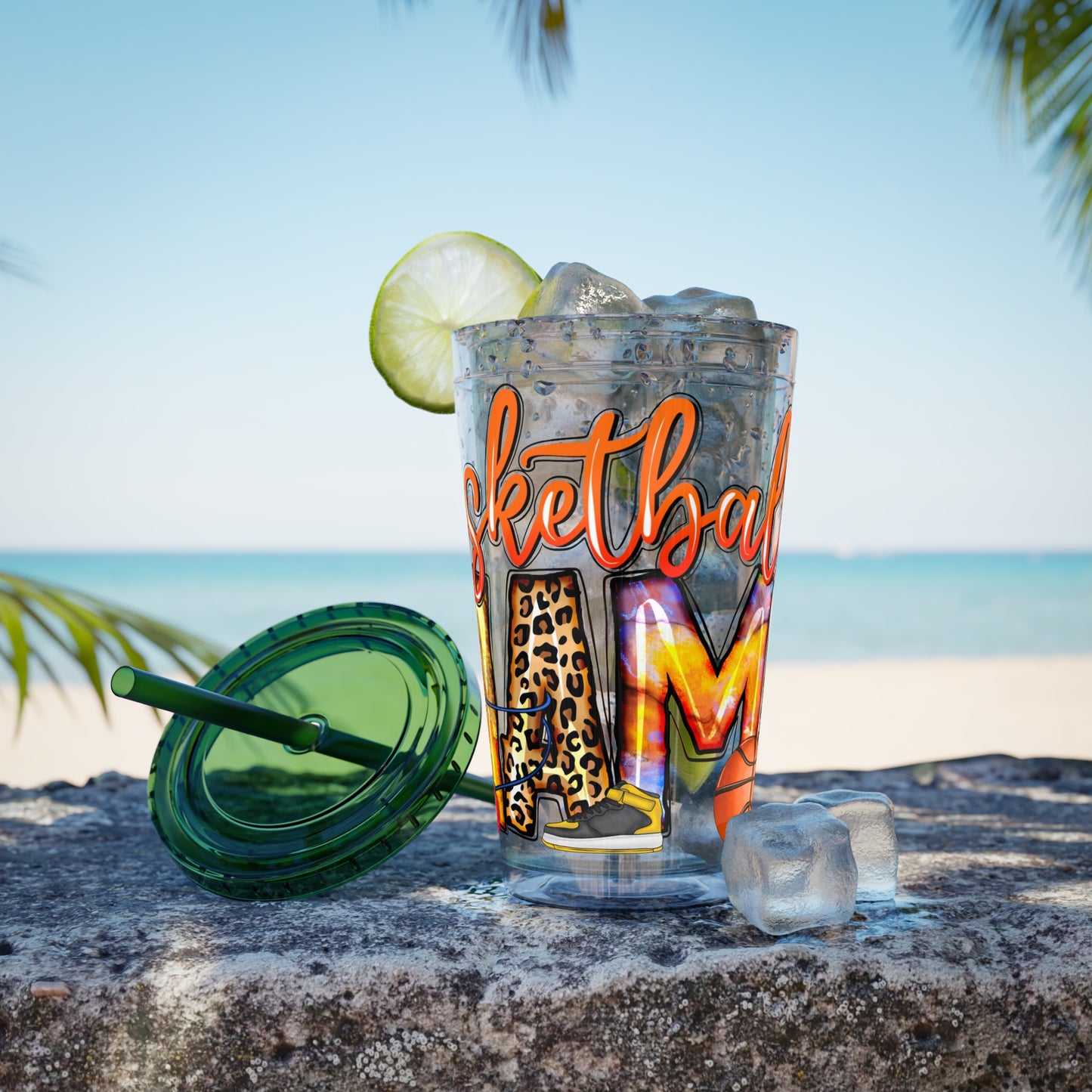 Basketball Mom 16oz Tumbler with Straw — Leopard & Plaid Sunsplash Design