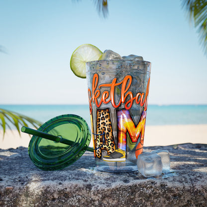 Basketball Mom 16oz Tumbler with Straw — Leopard & Plaid Sunsplash Design