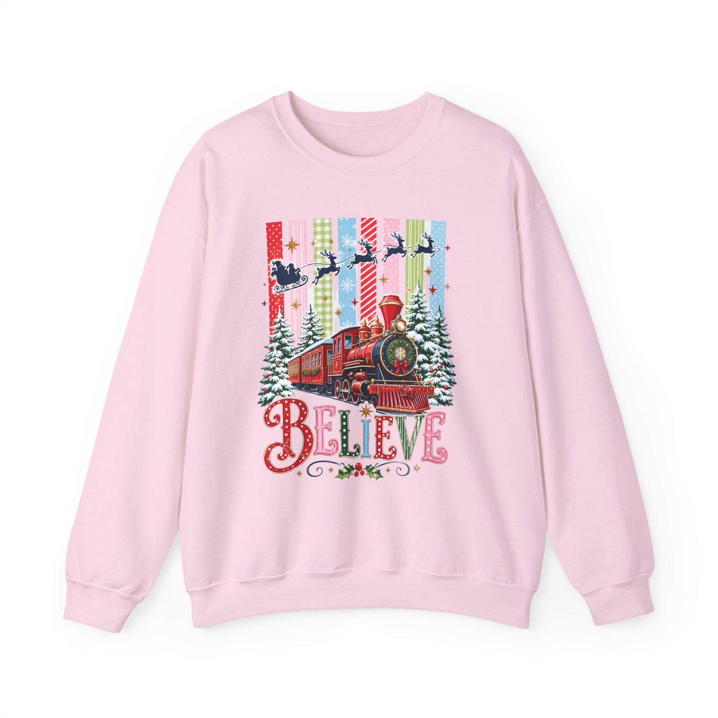 Believe Christmas Crewneck Sweatshirt — Vintage Holiday Train & Santa Silhouette