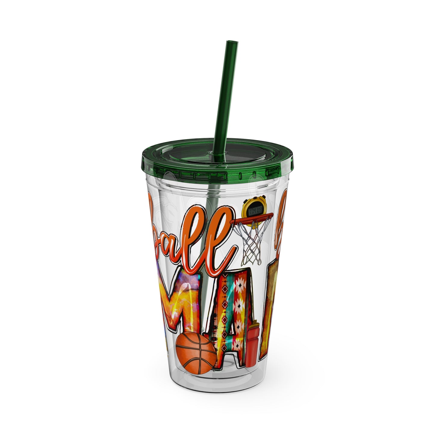 Basketball Mom 16oz Tumbler with Straw — Leopard & Plaid Sunsplash Design