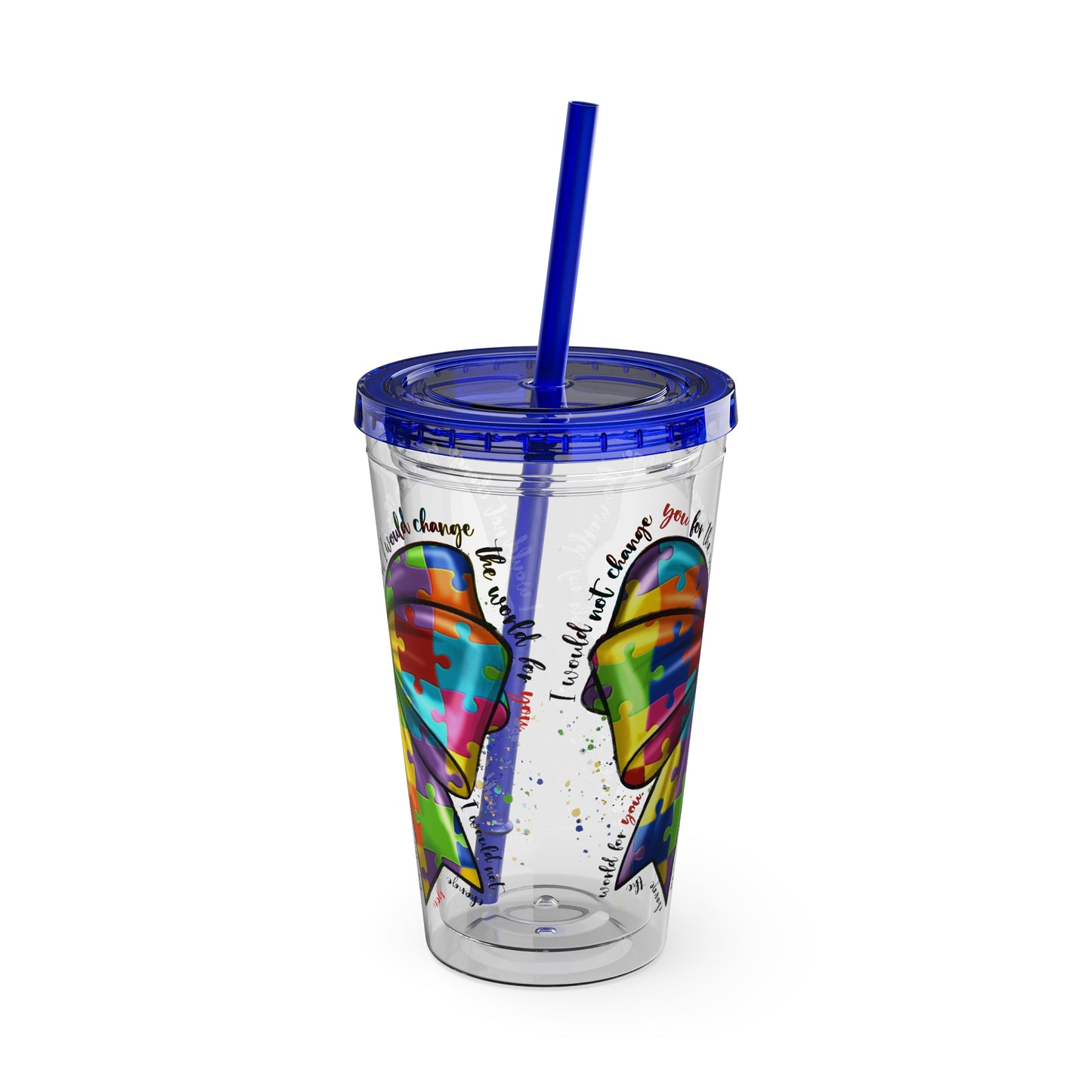 Autism Awareness Rainbow Puzzle Bow Tumbler with Straw, 16oz