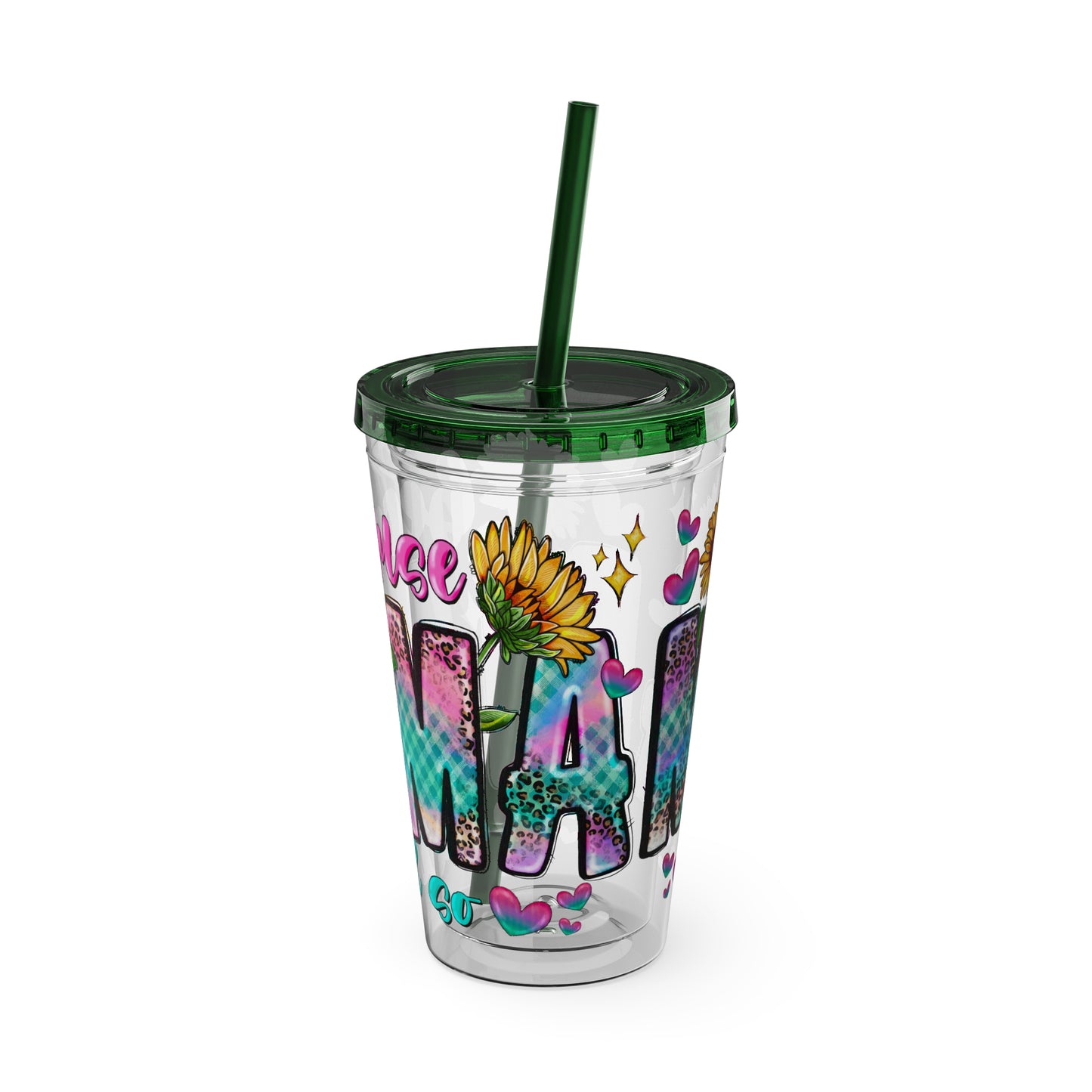 16oz Sunsplash Tumbler with Straw — Floral 'Because I Am' Colorful Sunflower Design