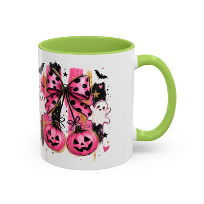 Halloween Pink Pumpkin Coffee Mug — Cute Ghosts & Bow Accent Mug (11/15oz)