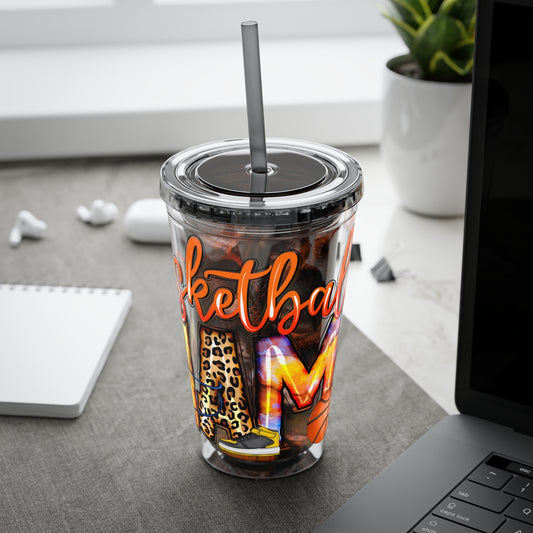 Basketball Mom 16oz Tumbler with Straw — Leopard & Plaid Sunsplash Design