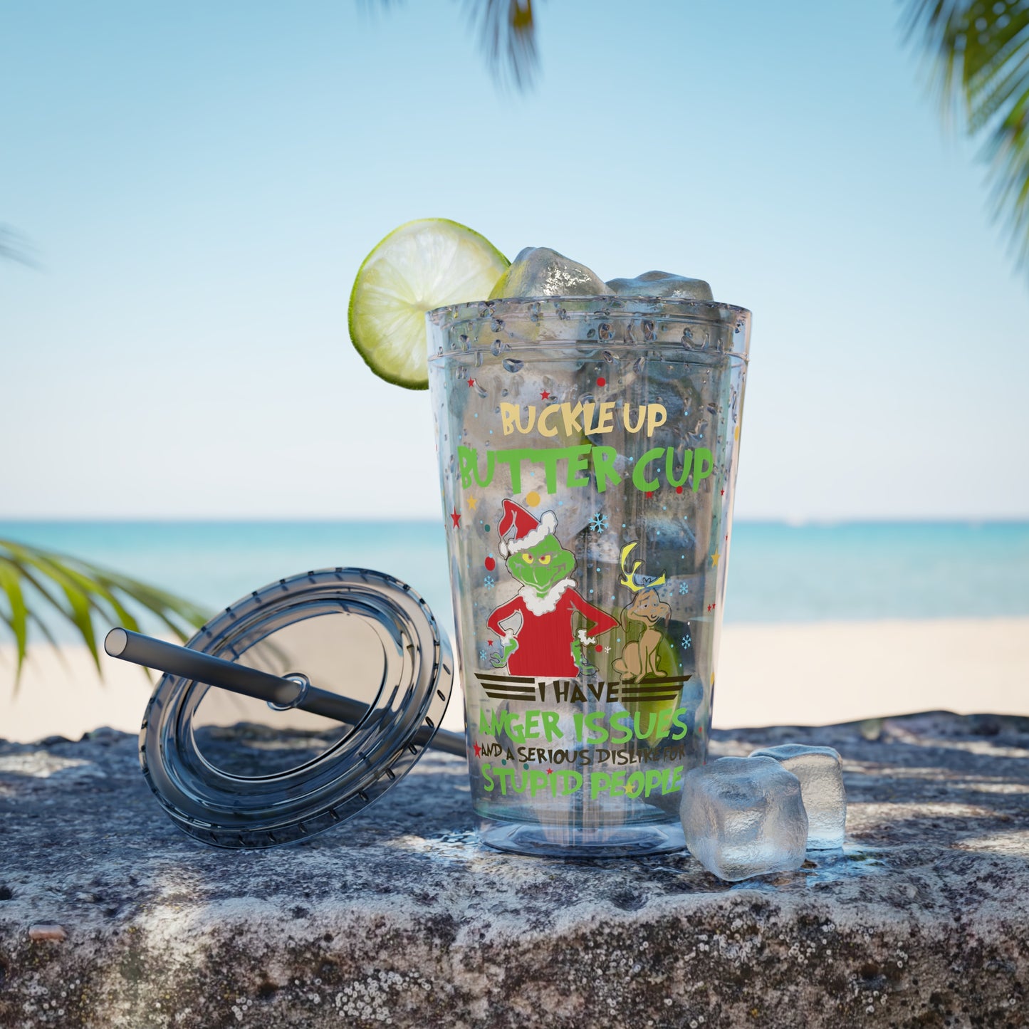 16oz Tumbler with Straw — 'Buckle Up Buttercup' Grinch Holiday Travel Cup