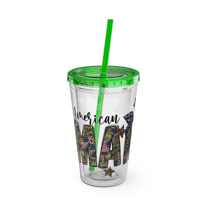 Patriotic Mama 16oz Tumbler with Straw — All American Floral Flag Design