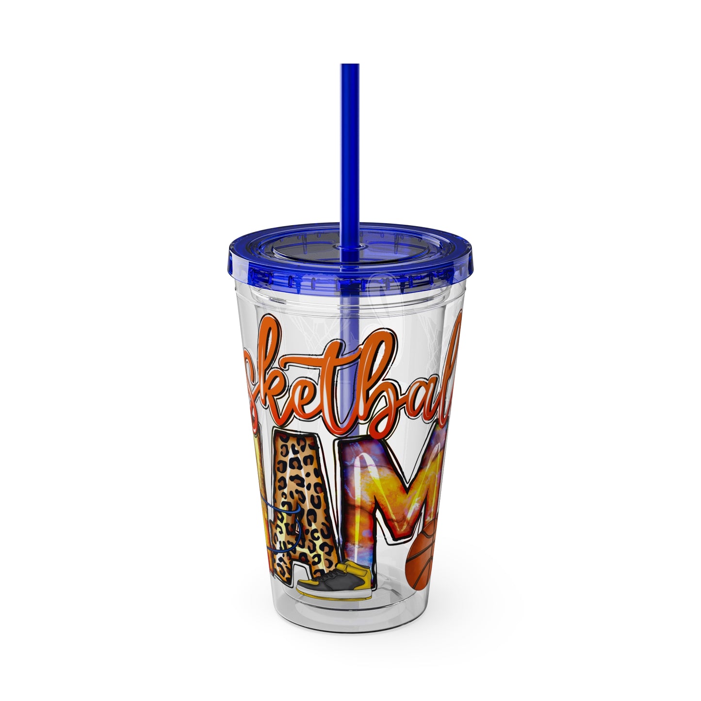 Basketball Mom 16oz Tumbler with Straw — Leopard & Plaid Sunsplash Design