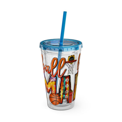Basketball Mom 16oz Tumbler with Straw — Leopard & Plaid Sunsplash Design
