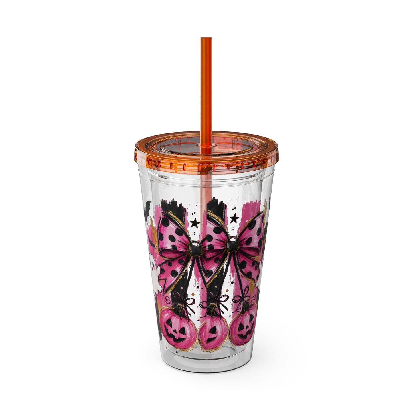 Halloween Pink Ghost Tumbler with Straw — 16oz Cute Pumpkin & Bow Drink Cup