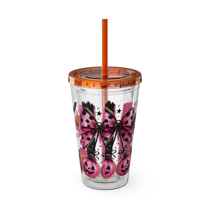 Halloween Pink Ghost Tumbler with Straw — 16oz Cute Pumpkin & Bow Drink Cup