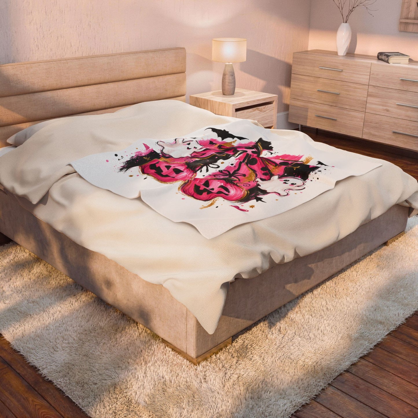 Pink Halloween Plush Blanket - Cute Ghosts, Bats & Jack-O’-Lanterns Velveteen Throw