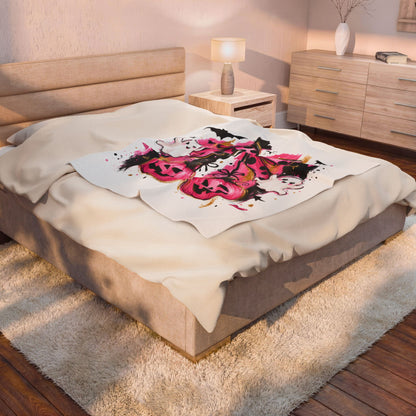 Pink Halloween Plush Blanket - Cute Ghosts, Bats & Jack-O’-Lanterns Velveteen Throw