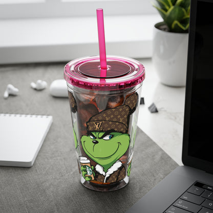 16oz Tumbler — Grinch in Designer Beanie Clear Straw Cup