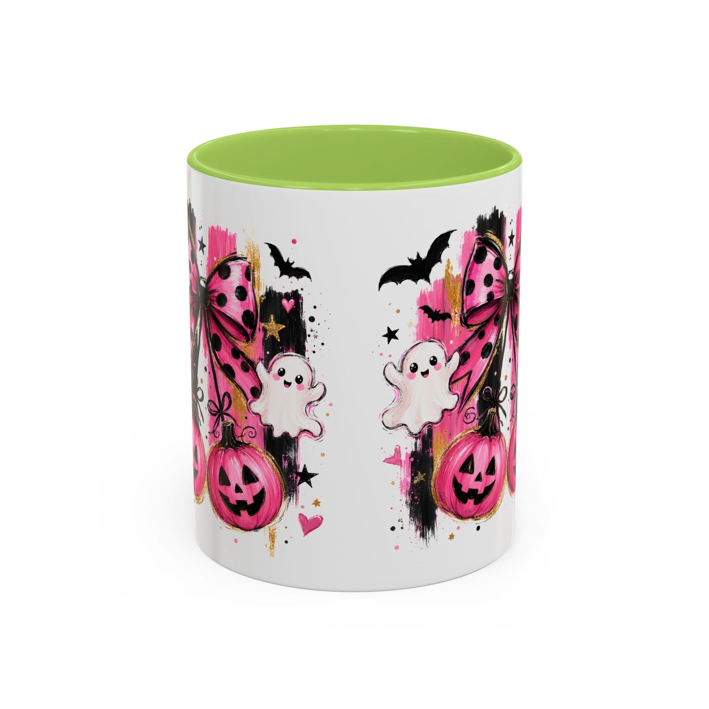 Halloween Pink Pumpkin Coffee Mug — Cute Ghosts & Bow Accent Mug (11/15oz)