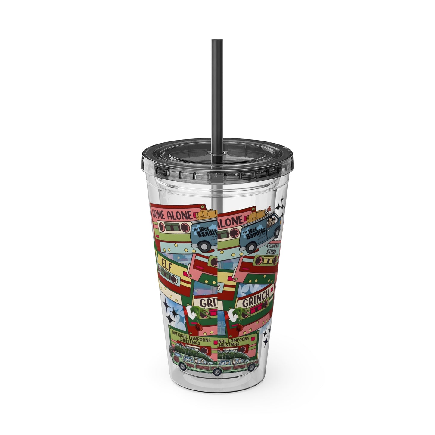 Holiday Movie Vans 16oz Tumbler with Straw – Christmas Classics Design (Home Alone, Elf, Grinch)