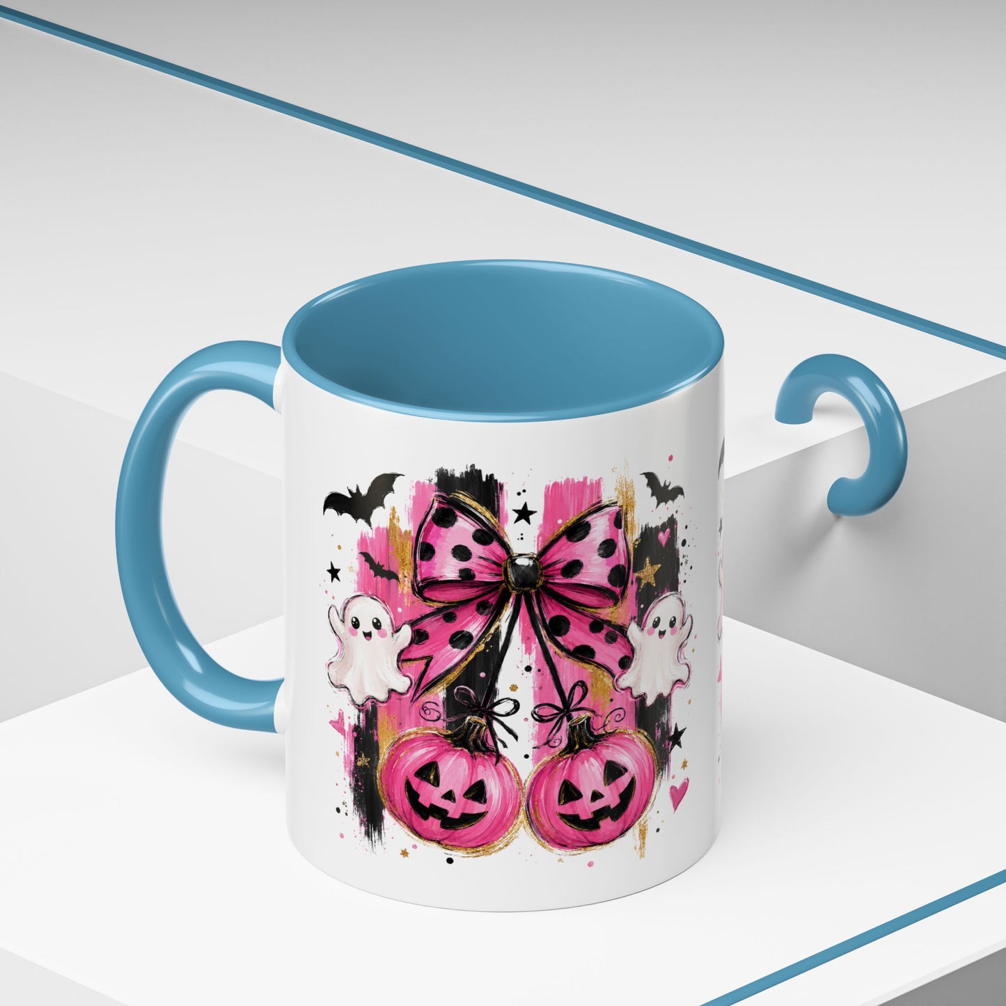 Halloween Pink Pumpkin Coffee Mug — Cute Ghosts & Bow Accent Mug (11/15oz)