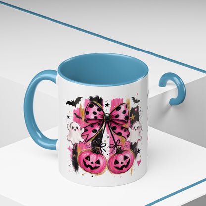 Halloween Pink Pumpkin Coffee Mug — Cute Ghosts & Bow Accent Mug (11/15oz)