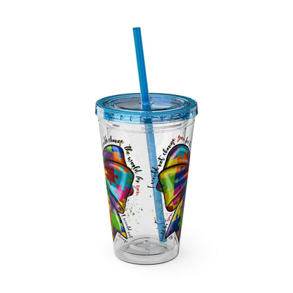 Autism Awareness Rainbow Puzzle Bow Tumbler with Straw, 16oz