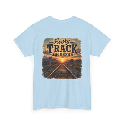 "Every Track Leads Somewhere" Sunset Railroad Graphic Tee