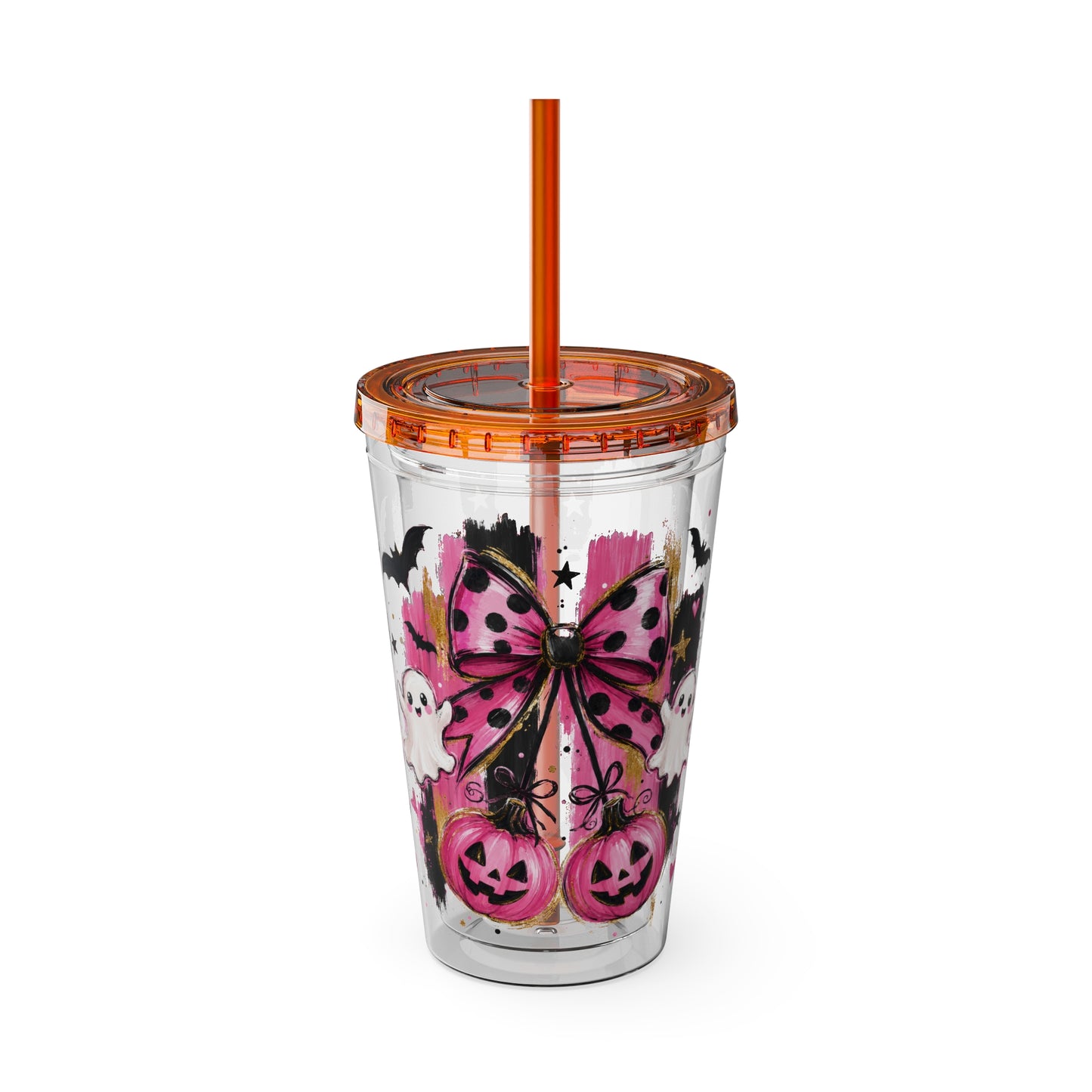 Halloween Pink Ghost Tumbler with Straw — 16oz Cute Pumpkin & Bow Drink Cup