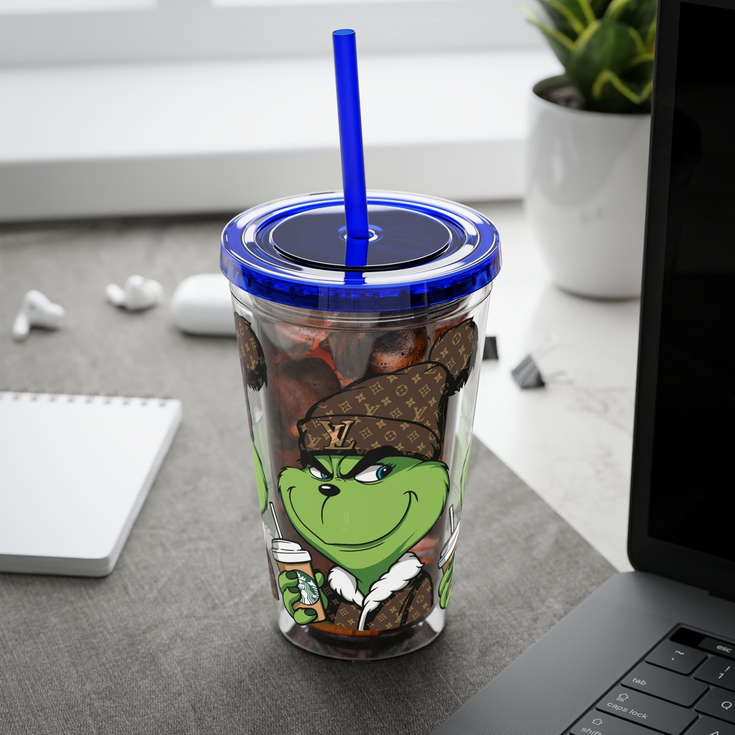 16oz Tumbler — Grinch in Designer Beanie Clear Straw Cup