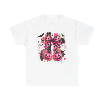 Halloween Pink Pumpkin Tee — Cute Ghosts & Polka Dot Bow Halloween T-Shirt