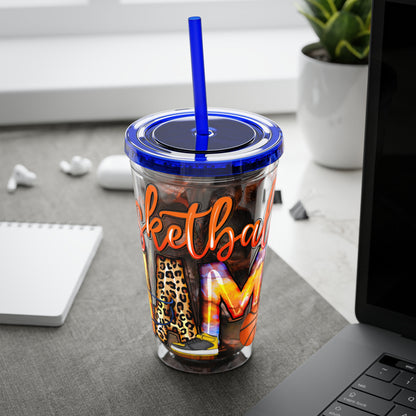 Basketball Mom 16oz Tumbler with Straw — Leopard & Plaid Sunsplash Design