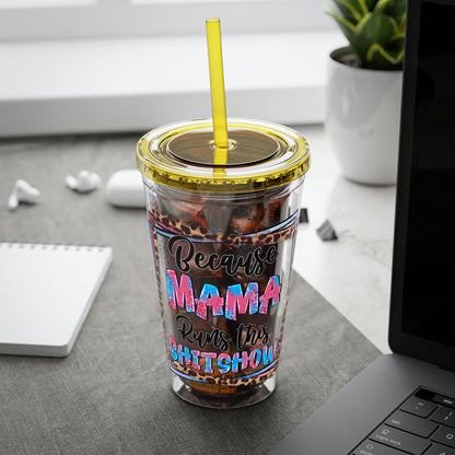 16oz Tumbler with Straw — "Because Mama Runs This…" Leopard Accent Travel Cup