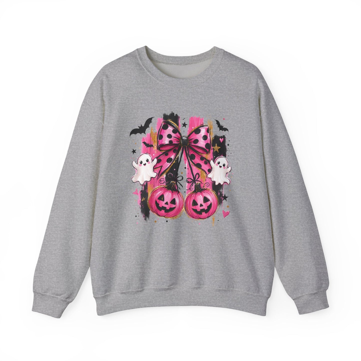 Halloween Pink Pumpkin Crewneck Sweatshirt — Cute Ghosts & Bow Graphic