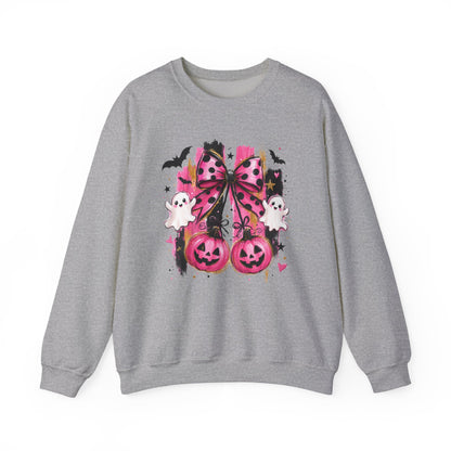 Halloween Pink Pumpkin Crewneck Sweatshirt — Cute Ghosts & Bow Graphic