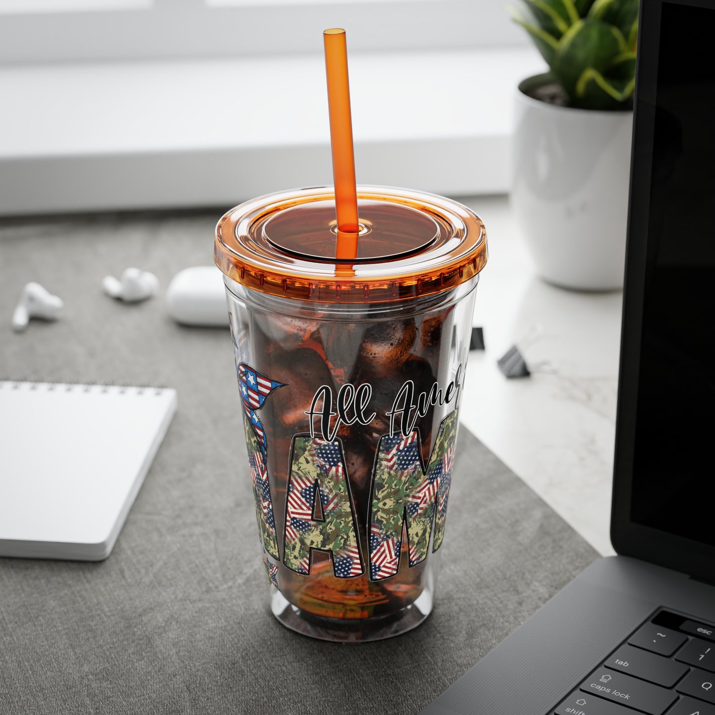 Patriotic Mama 16oz Tumbler with Straw — All American Floral Flag Design