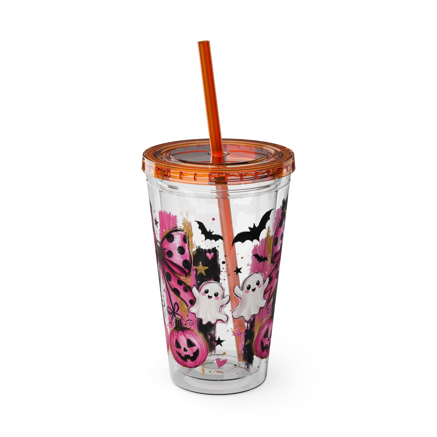 Halloween Pink Ghost Tumbler with Straw — 16oz Cute Pumpkin & Bow Drink Cup