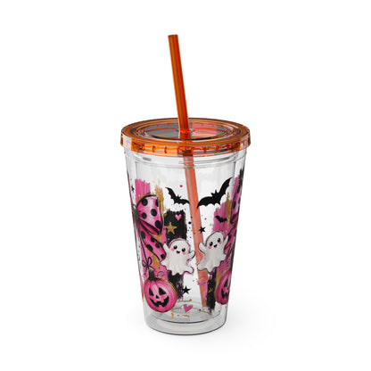 Halloween Pink Ghost Tumbler with Straw — 16oz Cute Pumpkin & Bow Drink Cup