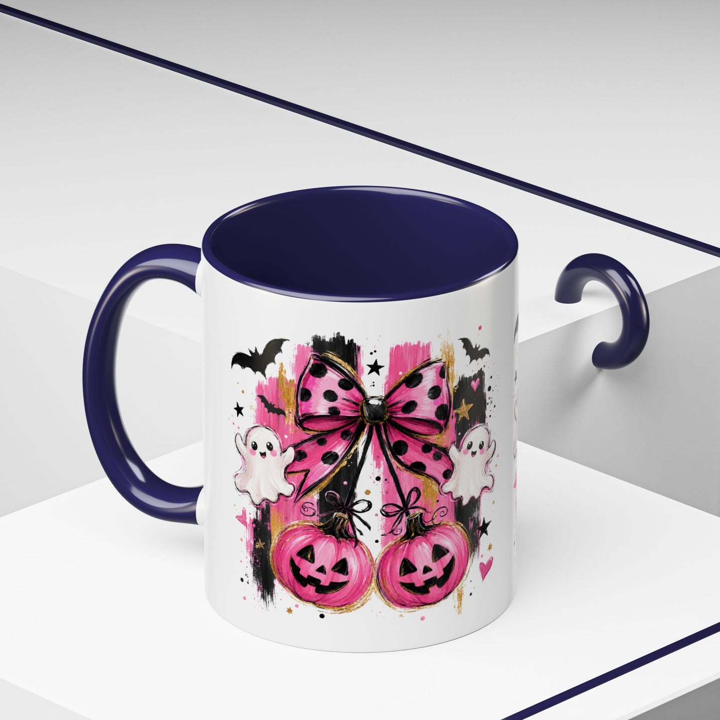 Halloween Pink Pumpkin Coffee Mug — Cute Ghosts & Bow Accent Mug (11/15oz)
