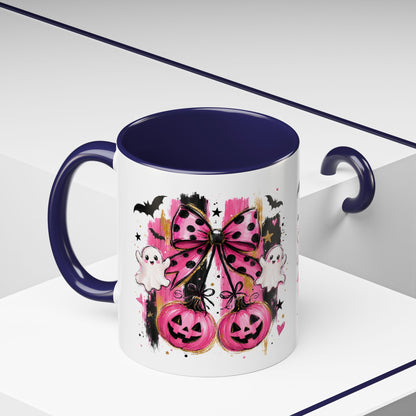 Halloween Pink Pumpkin Coffee Mug — Cute Ghosts & Bow Accent Mug (11/15oz)
