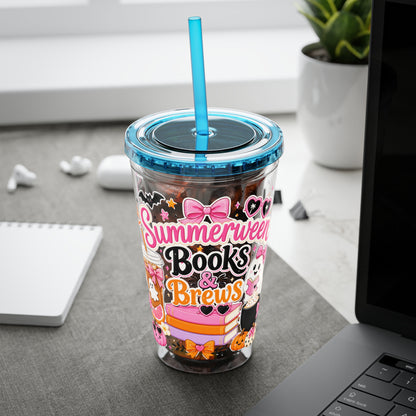 Summerween Books & Brews Tumbler — 16oz Straw Cup for Book Lovers