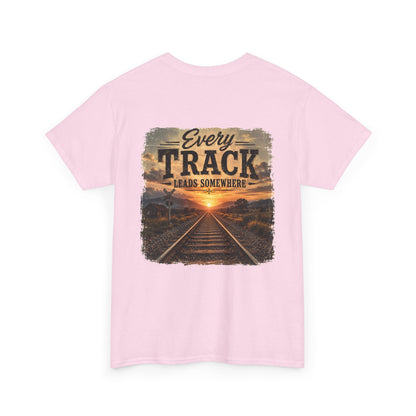 "Every Track Leads Somewhere" Sunset Railroad Graphic Tee