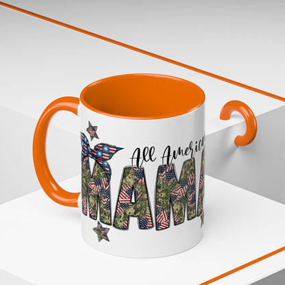 Mama Accent Coffee Mug — All American Patriotic Floral Flag Design (11/15 oz)