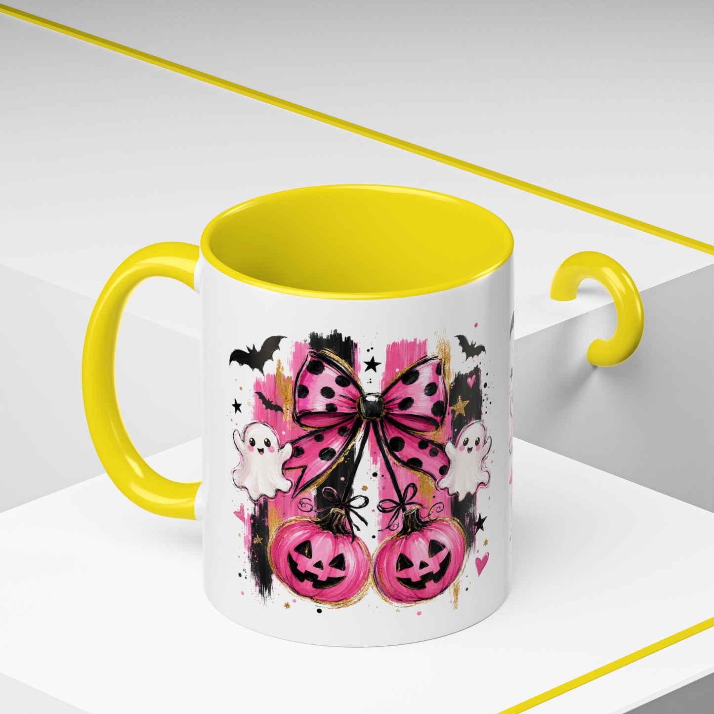 Halloween Pink Pumpkin Coffee Mug — Cute Ghosts & Bow Accent Mug (11/15oz)